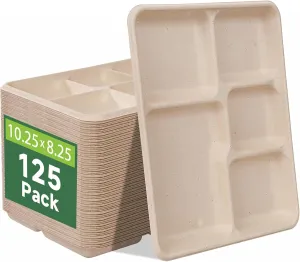 WELLIFE 100% Compostable 5 Compartment Paper Plates, 125 Pack Heavy Duty Disposable School Lunch Trays, 10.25 * 8.25 Inch Eco-Friendly Bagasse Plates for Boys, Girls and Youth (BPA Free,Microwaveable)