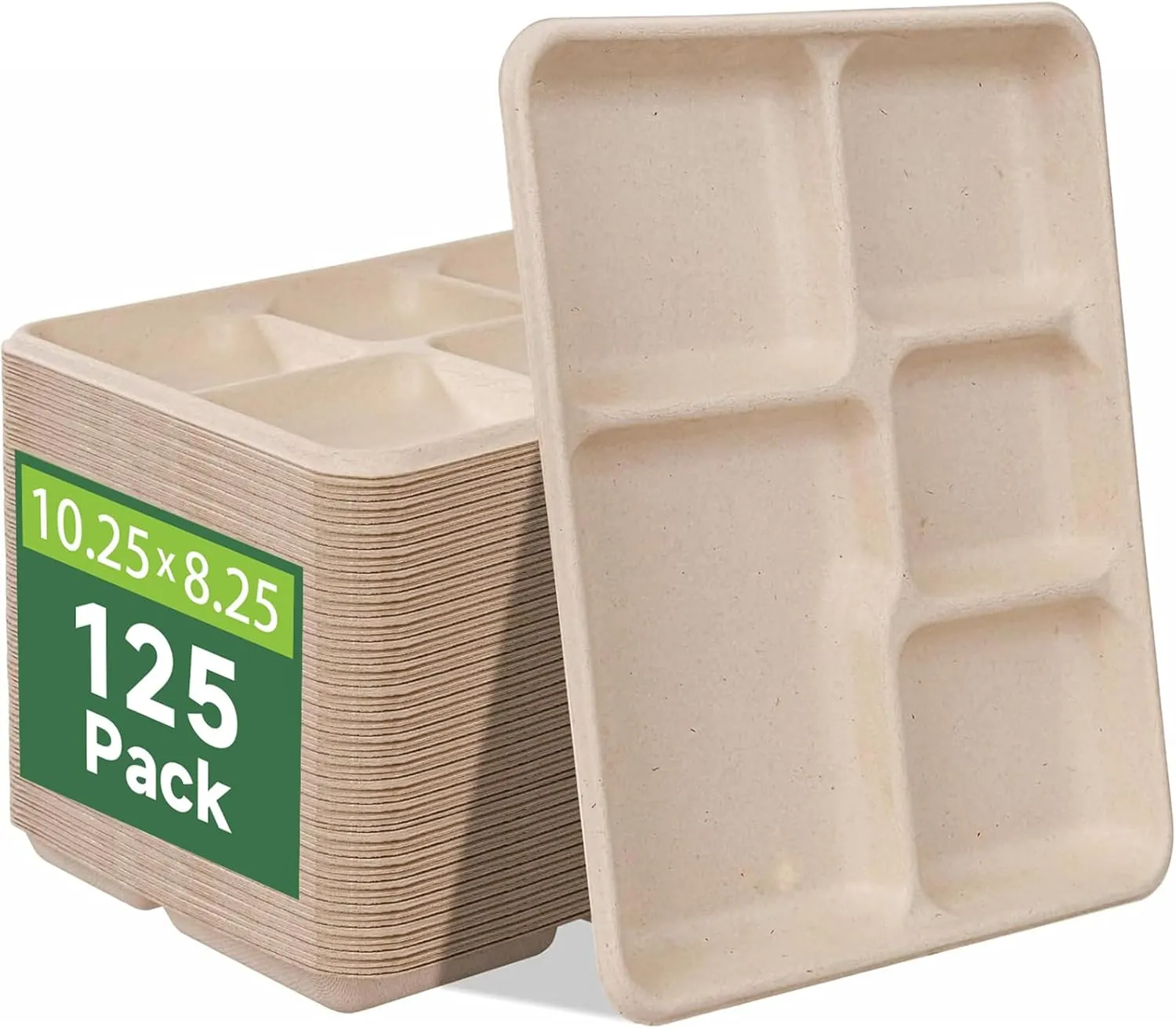 WELLIFE 100% Compostable 5 Compartment Paper Plates, 125 Pack Heavy Duty Disposable School Lunch Trays, 10.25 * 8.25 Inch Eco-Friendly Bagasse Plates for Boys, Girls and Youth (BPA Free,Microwaveable)