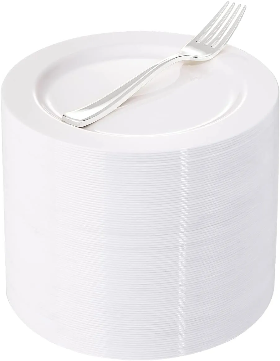 WELLIFE 200 Pieces White Plastic Dessert Plates with Silver Disposable Forks, Premium Hard Salad Plate 7.5”, Appetizer Plastic Plates for Wedding, Party