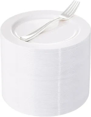 WELLIFE 200 Pieces White Plastic Dessert Plates with Silver Disposable Forks, Premium Hard Salad Plate 7.5”, Appetizer Plastic Plates for Wedding, Party