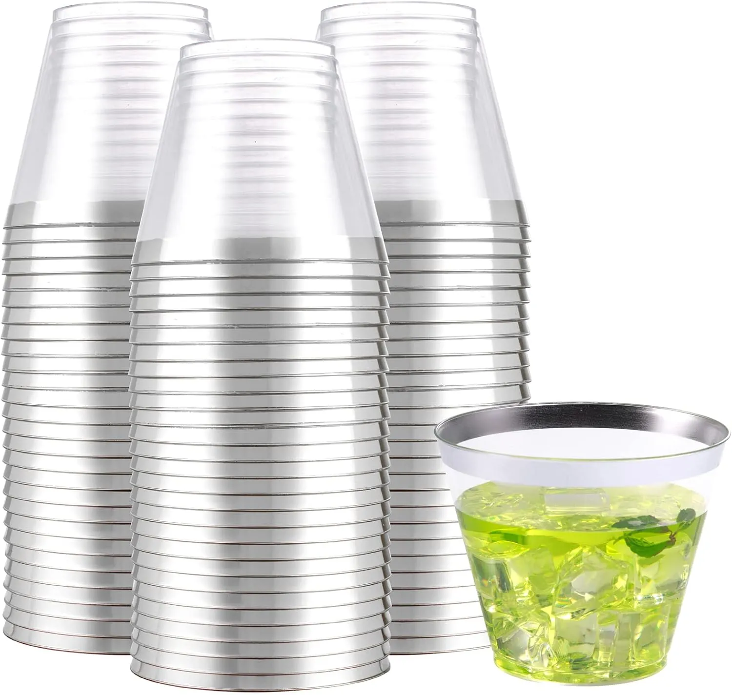 WELLIFE 200 Silver Plastic Cups, 9OZ Elegant Clear Cups, Disposable Hard Plastic Cups, Ideal for Party, Weddings