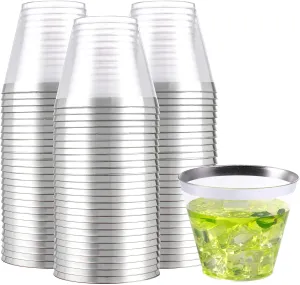 WELLIFE 200 Silver Plastic Cups, 9OZ Elegant Clear Cups, Disposable Hard Plastic Cups, Ideal for Party, Weddings