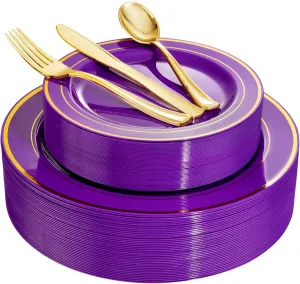 WELLIFE 200PCS Purple and Gold Plastic Plates, Includes 40 Dinner Plates, 40 Dessert Plates, 40 Gold Plastic Cutlery for Party and Wedding