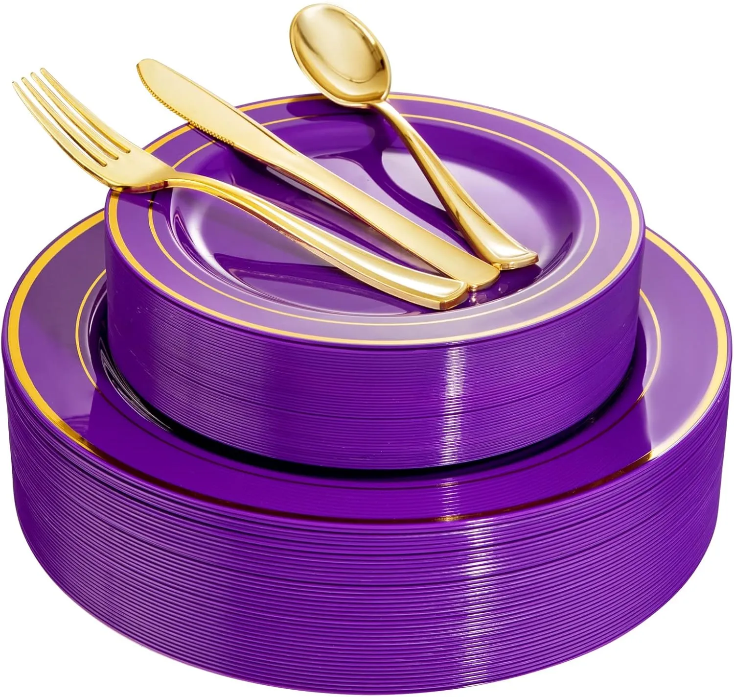 WELLIFE 200PCS Purple and Gold Plastic Plates, Includes 40 Dinner Plates, 40 Dessert Plates, 40 Gold Plastic Cutlery for Party and Wedding