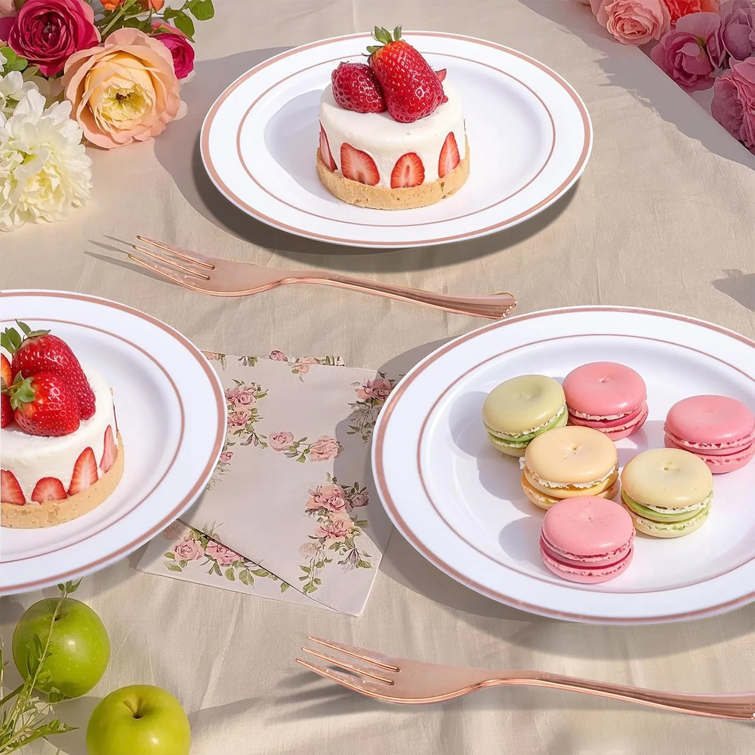 WELLIFE 240 Pieces Rose Gold Plastic Dessert Plates with Disposable Forks, Includes 120 Pcs Appetizers Plates 6.3 inch, 120 Pcs Rose Gold Forks, Perfect for Party and Weddings