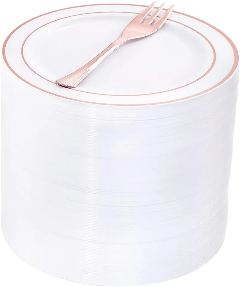 WELLIFE 240 Pieces Rose Gold Plastic Dessert Plates with Disposable Forks, Includes 120 Pcs Appetizers Plates 6.3 inch, 120 Pcs Rose Gold Forks, Perfect for Party and Weddings