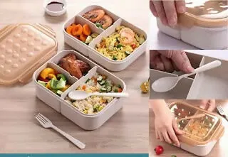 Wheat Straw Fiber 3-Compartment Lunch Box with Spoon Microwave Safe
