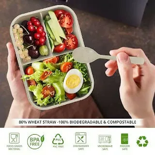 Wheat Straw Fiber 3-Compartment Lunch Box with Spoon Microwave Safe