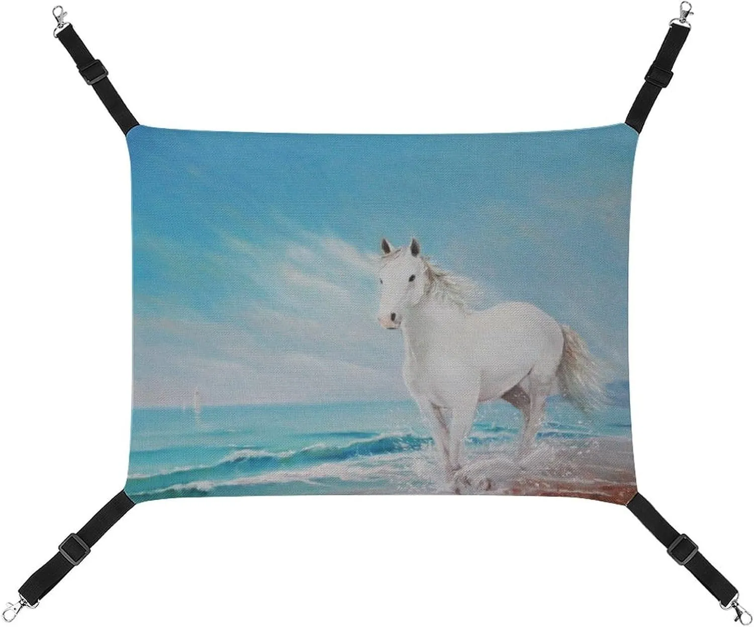 White Horse on The Beach Hanging Cat Bed Soft Breathable Pet Hammock for Cage Pet Sleeper for Kitten Ferret Puppy Rabbit