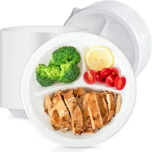 White Plastic Plates, Reusable 150 Pack 9 Inch Plastic Dinner Plate 3 Compartment Heavy Duty Microwave MFPP Tray