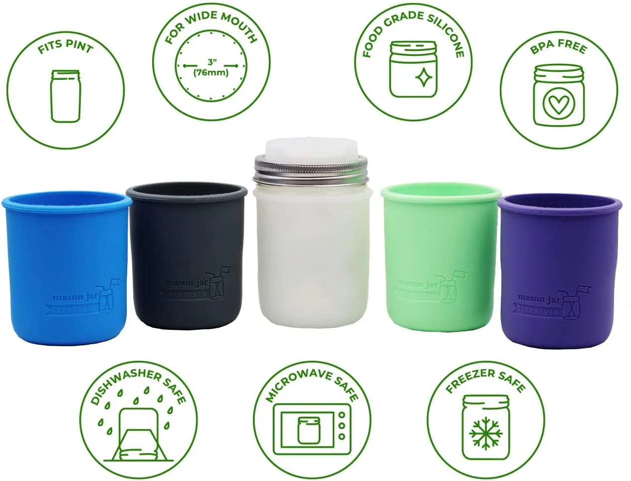 Wide Mouth Pint 16oz Silicone Sleeves/Jackets for Protecting Ball, Kerr, Canning Jars by Mason Jar Lifestyle (Multicolor, 5 Pack)