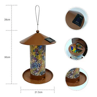 Wild Bird Seed Feeder Hanging LED Mosaic Stained Mirrored Glass Solar Power Yard