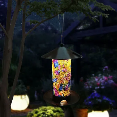 Wild Bird Seed Feeder Hanging LED Mosaic Stained Mirrored Glass Solar Power Yard