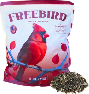 Wild Bird Seed for Outside Feeders by Freebird - Premium Songbird Blend with Sunflower, Safflower, Peanut Pieces, Red Millet and White Millet for Cardinals, Finches, and Colorful Wild Birds - 5lb Bag