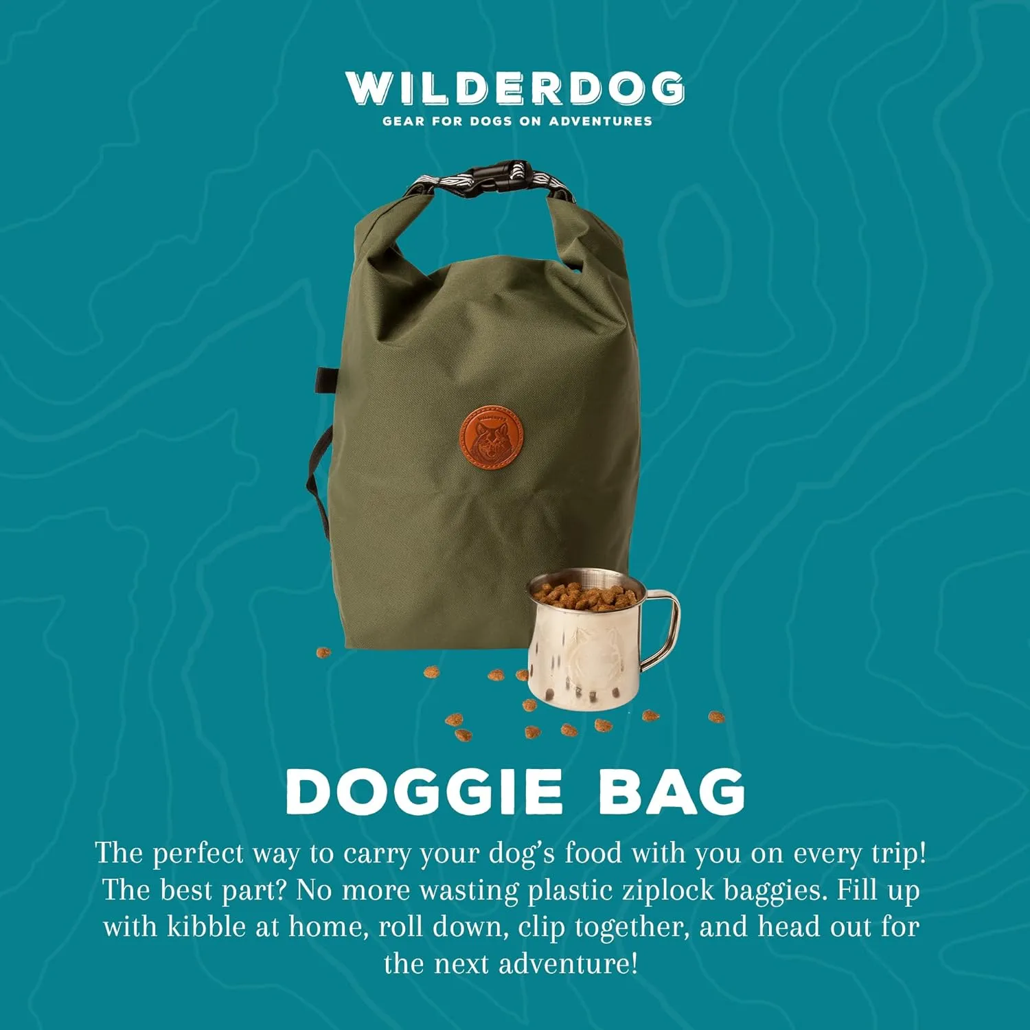 Wilderdog Doggie Bag - Water Resistant, Portable Kibble Carrier & Stainless Steel Mug - Olive