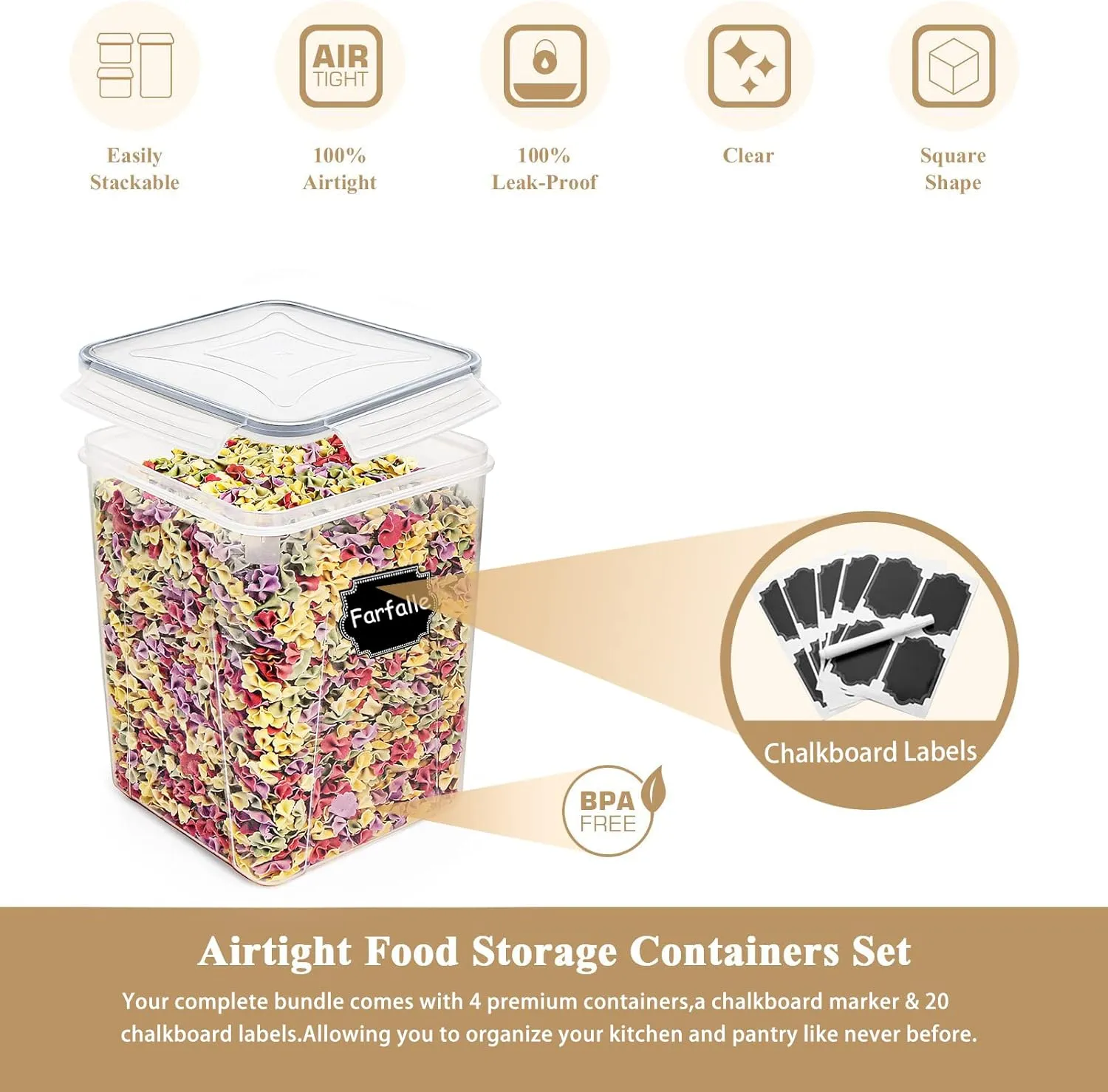 Wildone Large Food Storage Containers 5.2L /175oz, 4 Piece BPA Free Plastic Airtight Food Storage Containers for Flour, Sugar, Baking Supplies, Kitchen & Pantry Containers with 20 Labels - Gray