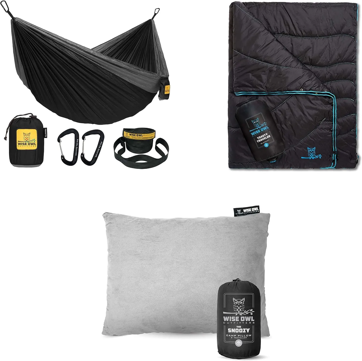 Wise Owl Outfitters Black Hammock with Pillow & Blanket - 400 lbs Capacity, 16 oz Weight, Waterproof Camping Accessories