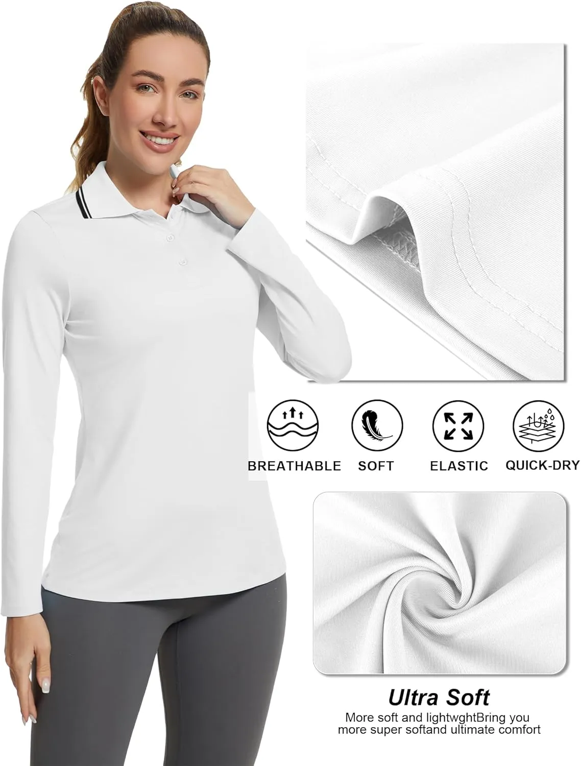 Women's Golf Polo Shirts Long Sleeve Workout Tops UPF 50  Sun Protection Quick Dry Lightweight Active Tennis Shirts