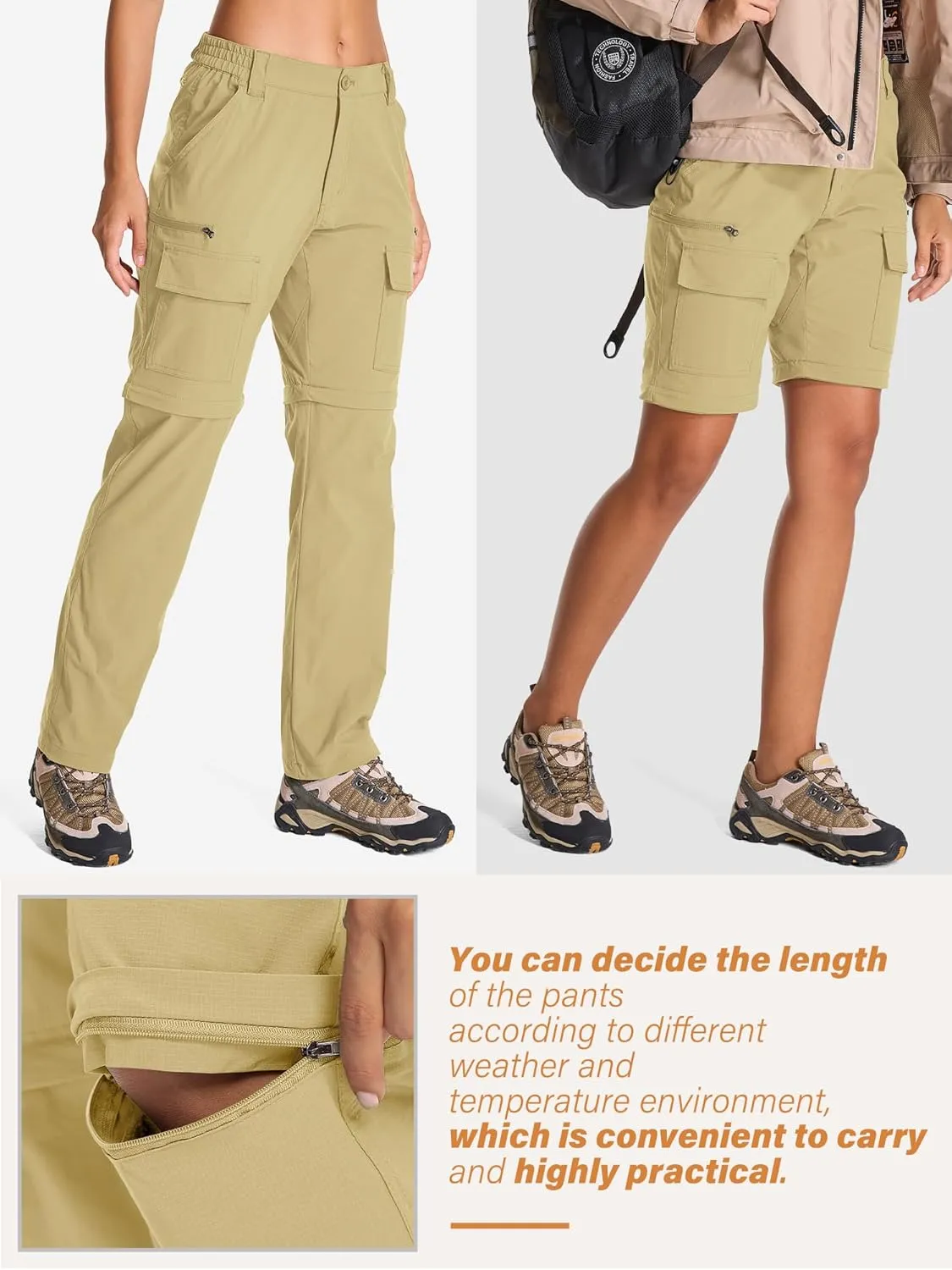 Womens Hiking Pants Convertible Quick Dry Stretch Lightweight Zip Off Outdoor Safari Pants with Cargo Pockets