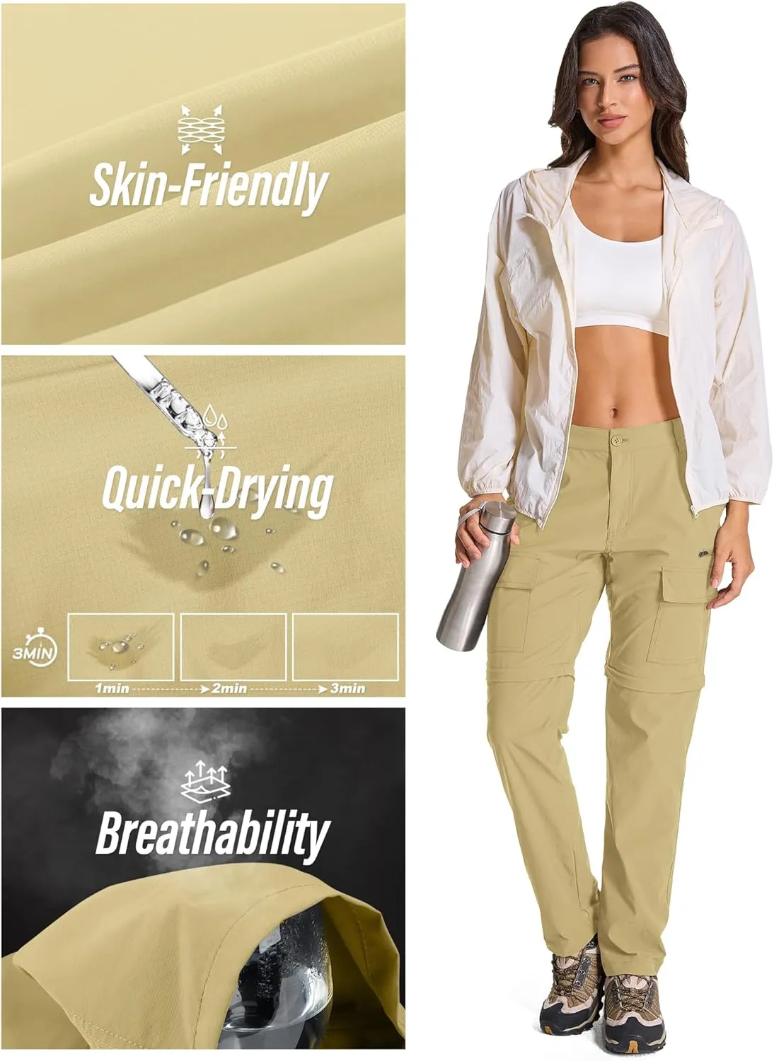 Womens Hiking Pants Convertible Quick Dry Stretch Lightweight Zip Off Outdoor Safari Pants with Cargo Pockets