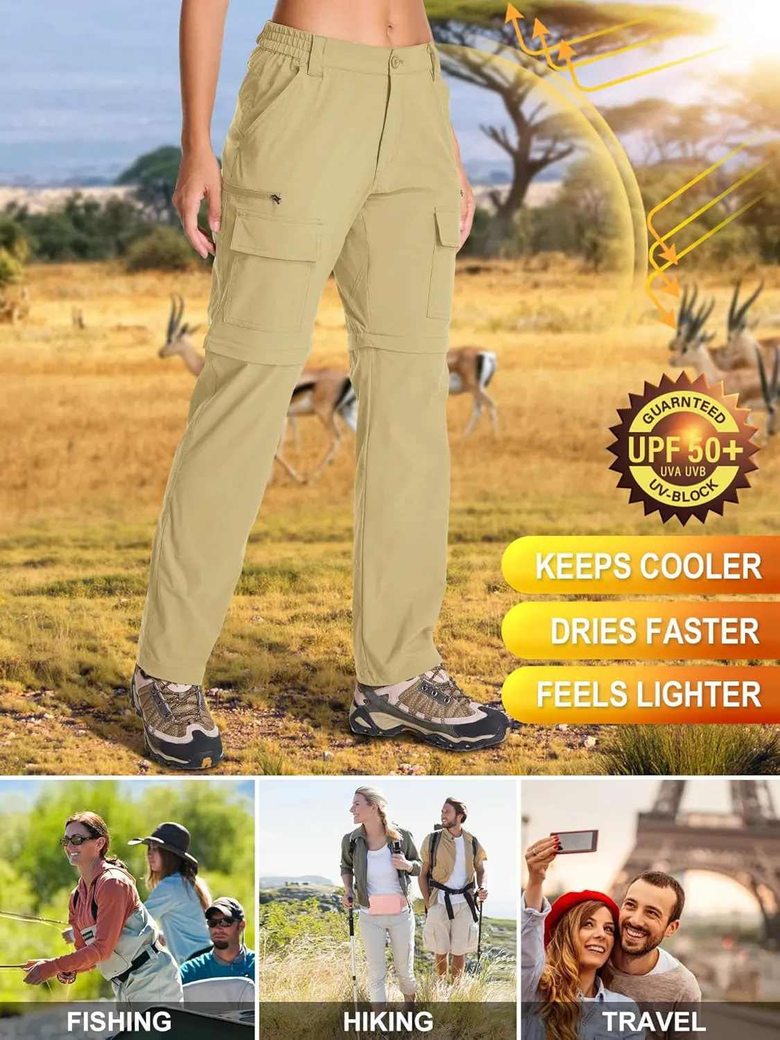 Womens Hiking Pants Convertible Quick Dry Stretch Lightweight Zip Off Outdoor Safari Pants with Cargo Pockets