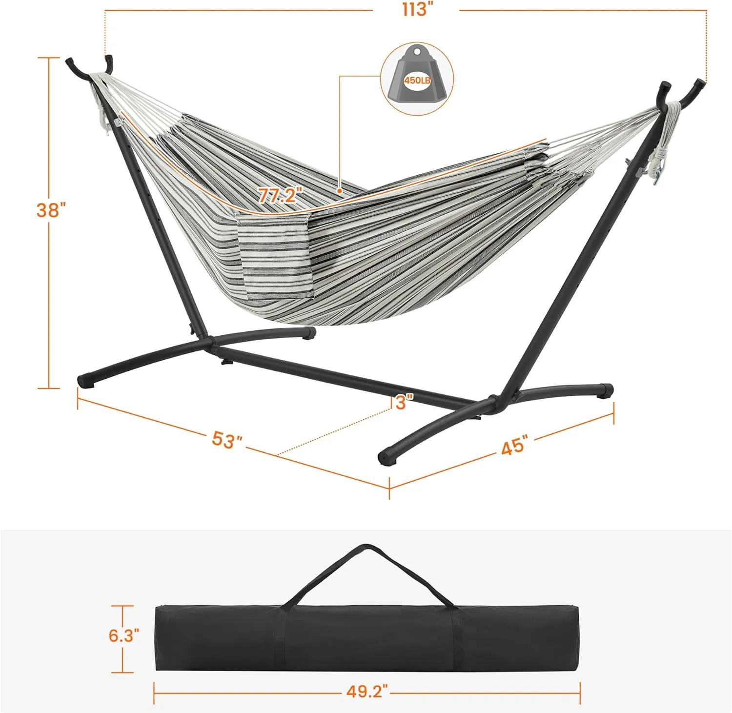 Yaheetech Double People Hammock & Stand Set w/Storage Bag & Carrying Bag, Outdoor/Indoor Heavy-Duty Portable Hammock, 450LB Capacity - Black White Stripe