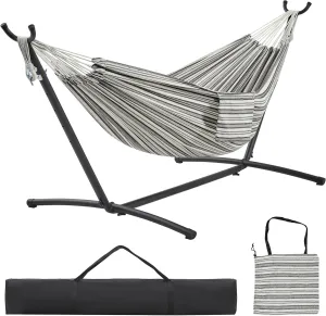 Yaheetech Double People Hammock & Stand Set w/Storage Bag & Carrying Bag, Outdoor/Indoor Heavy-Duty Portable Hammock, 450LB Capacity - Black White Stripe