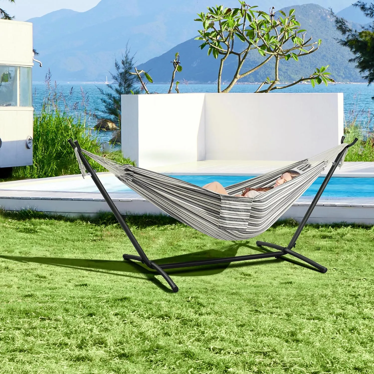 Yaheetech Double People Hammock & Stand Set w/Storage Bag & Carrying Bag, Outdoor/Indoor Heavy-Duty Portable Hammock, 450LB Capacity - Black White Stripe