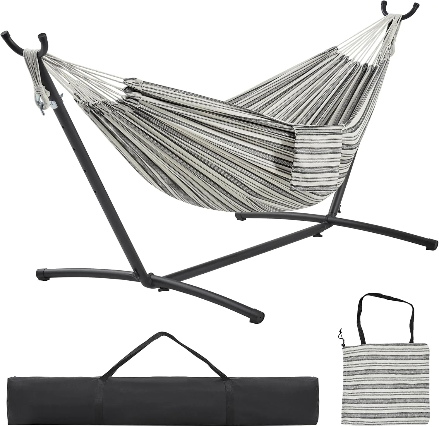 Yaheetech Double People Hammock & Stand Set w/Storage Bag & Carrying Bag, Outdoor/Indoor Heavy-Duty Portable Hammock, 450LB Capacity - Black White Stripe