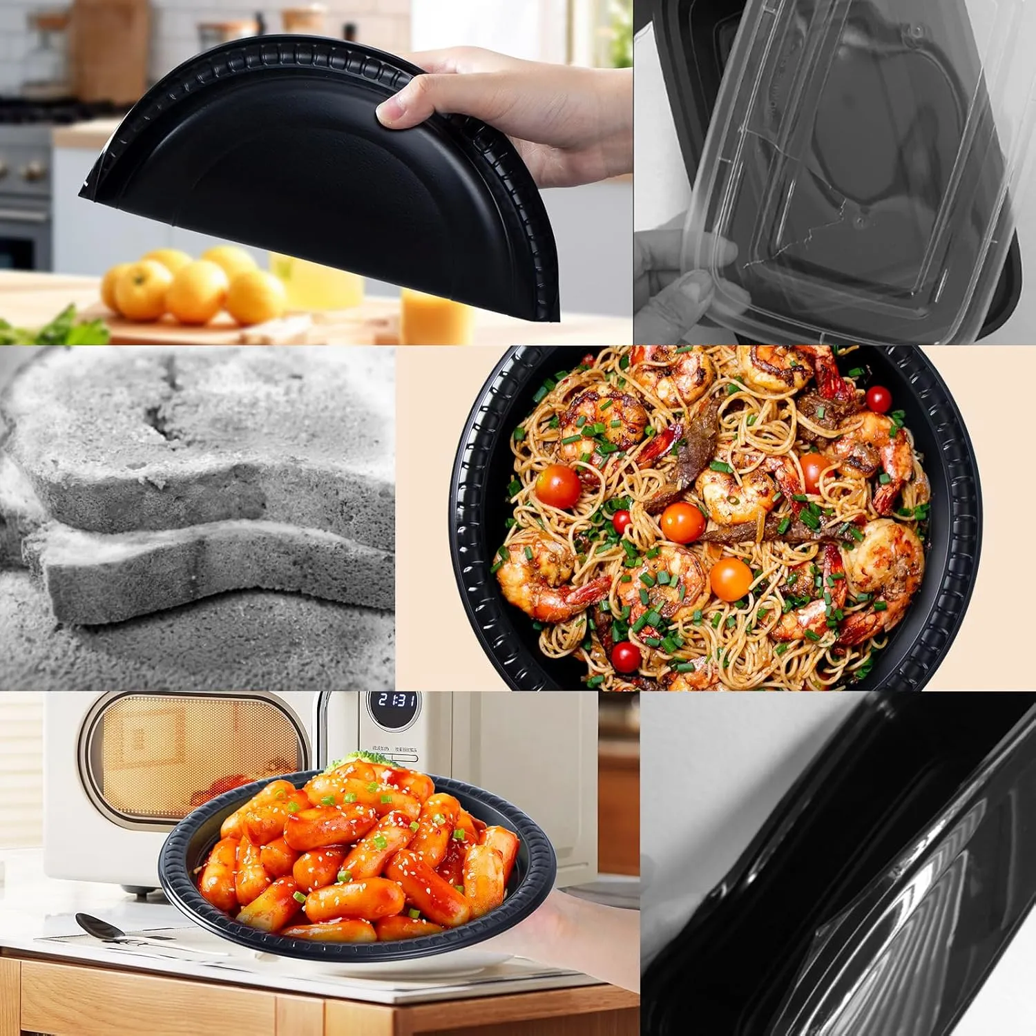 YANGRUI Plastic Plates, 10 Inch 150 Pack Food Grade Material Machine Washable Safe Disposable Plate BPA Free Black Unbreakable MFPP Dinner Trays