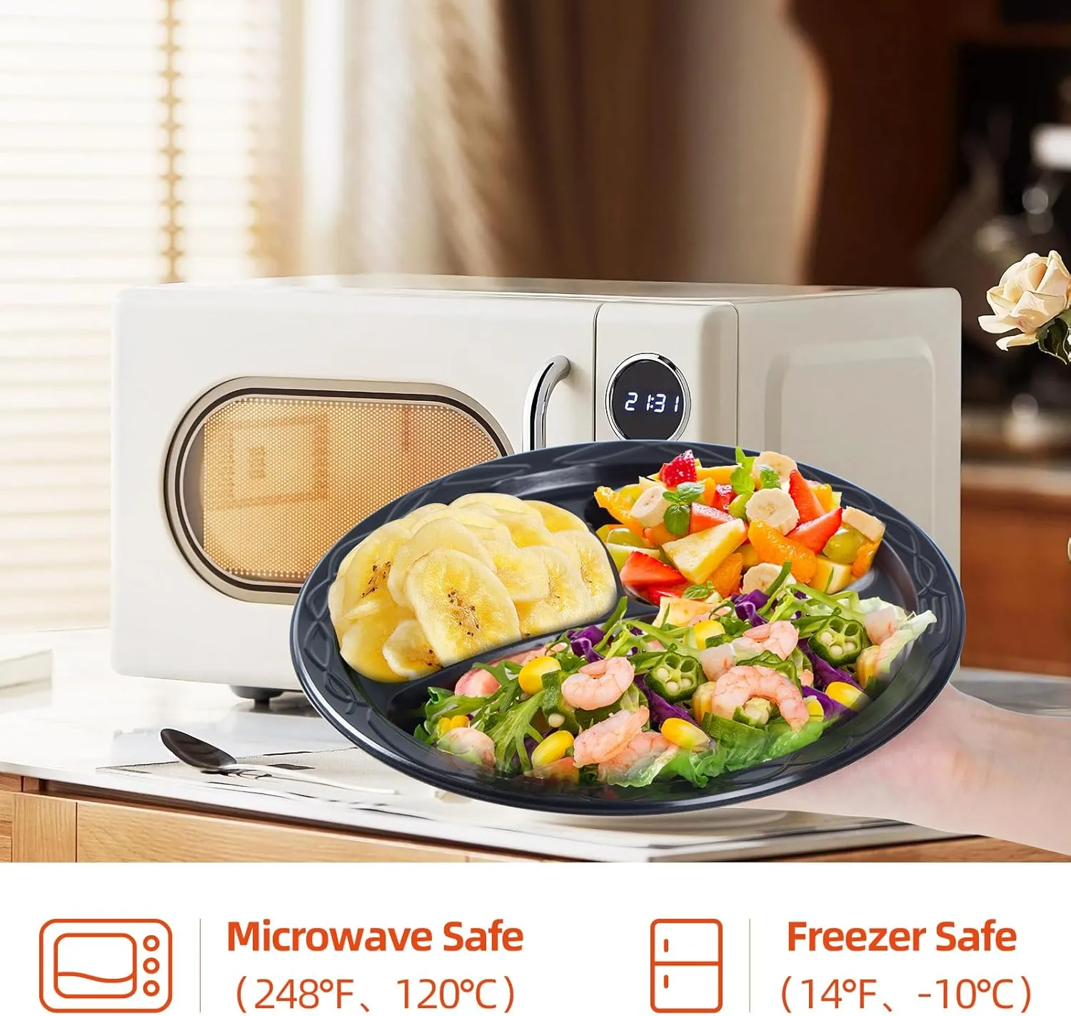 YANGRUI Reusable Plastic Plates, 10 Inch 3 Compartments Microwave Safe Disposable Plate Food Grade Material Heavy Duty MFPP Dinner Tray