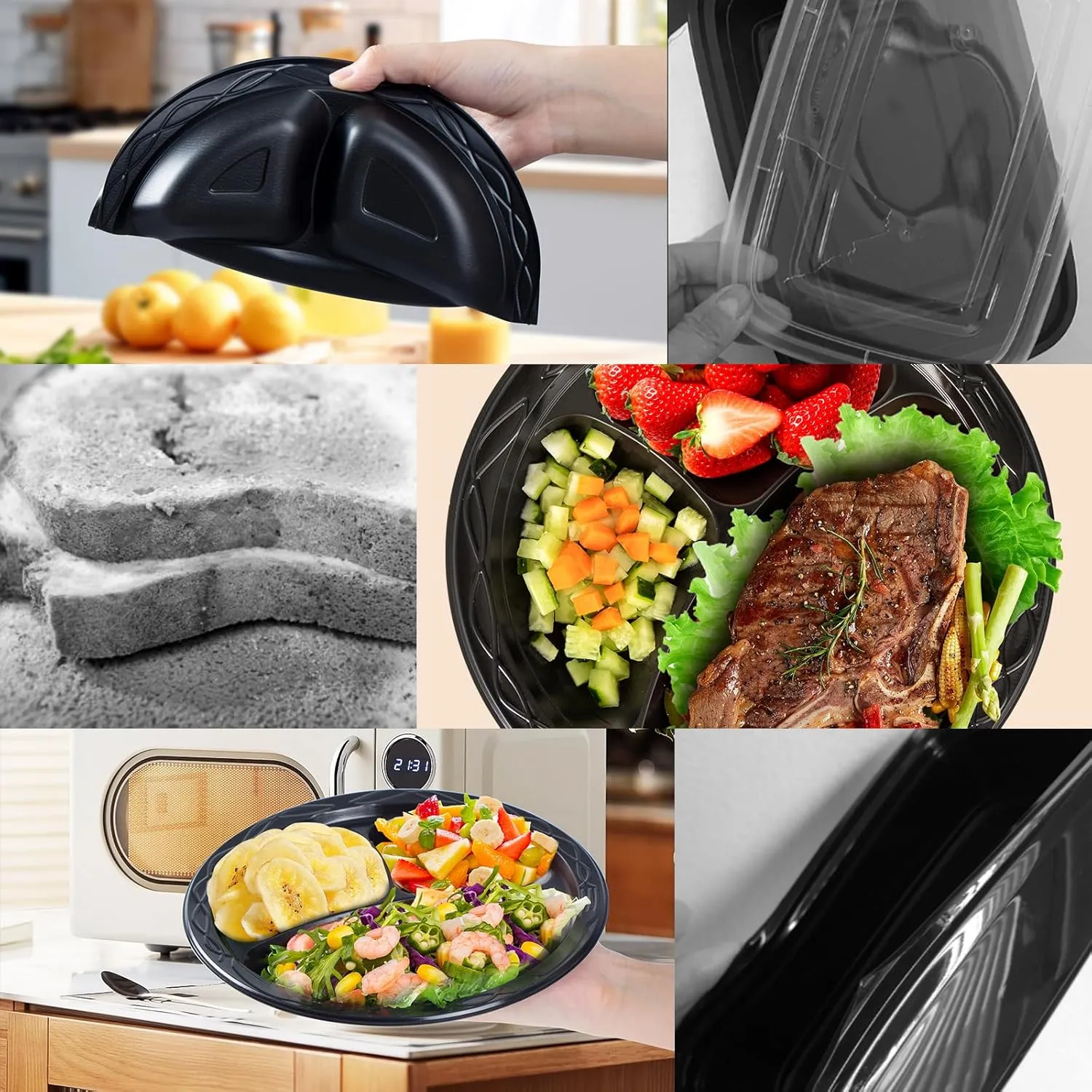 YANGRUI Reusable Plastic Plates, 10 Inch 3 Compartments Microwave Safe Disposable Plate Food Grade Material Heavy Duty MFPP Dinner Tray
