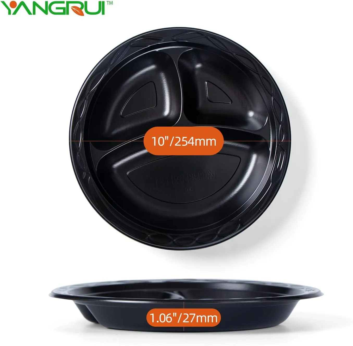 YANGRUI Reusable Plastic Plates, 10 Inch 3 Compartments Microwave Safe Disposable Plate Food Grade Material Heavy Duty MFPP Dinner Tray