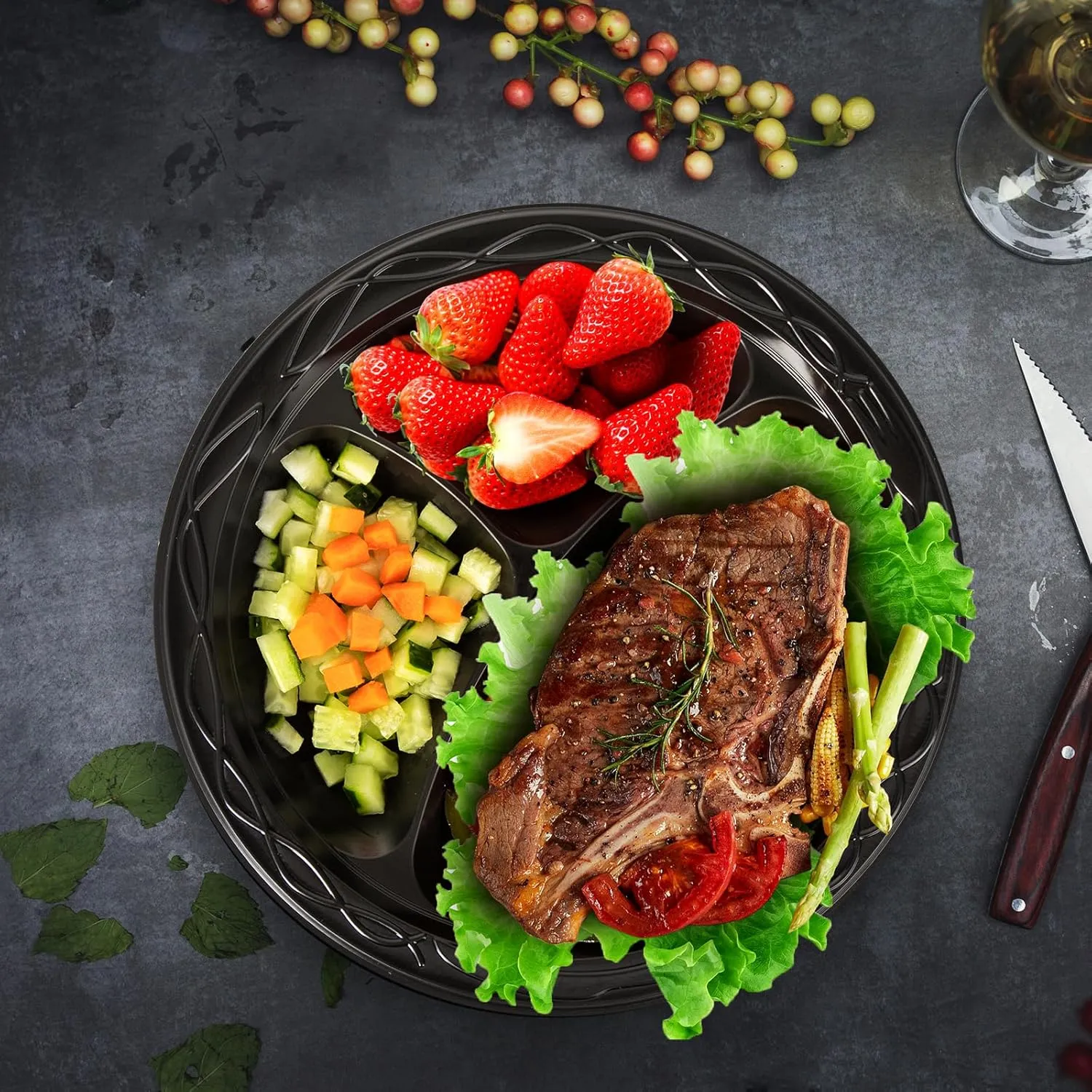 YANGRUI Reusable Plastic Plates, 10 Inch 3 Compartments Microwave Safe Disposable Plate Food Grade Material Heavy Duty MFPP Dinner Tray