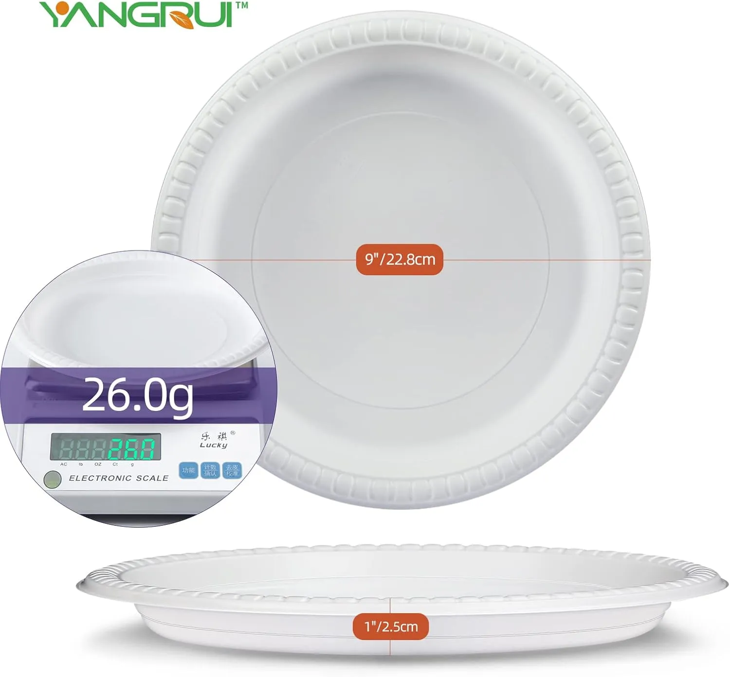 YANGRUI Reusable Plastic Plates, 9 Inch 150 Pack Food Grade Material BPA Free White Dinner Trays
