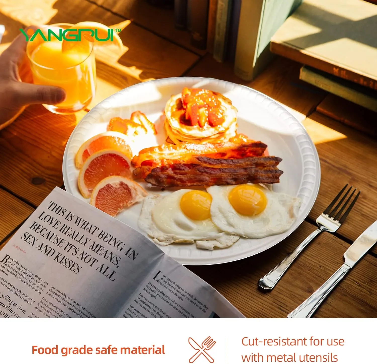 YANGRUI Reusable Plastic Plates, 9 Inch 150 Pack Food Grade Material BPA Free White Dinner Trays