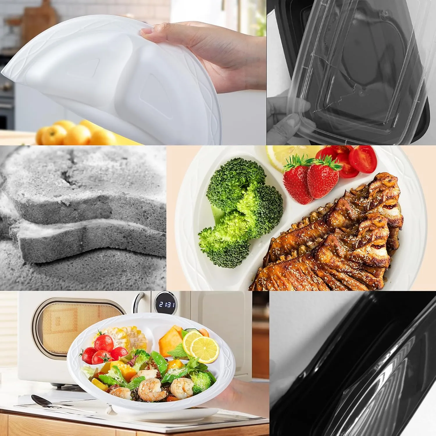 YANGRUI White Plastic Plates, 10 Inch 3 Compartments Microwave Safe Disposable Plate Food Grade Material BPA Free Reusable MFPP Dinner Trays