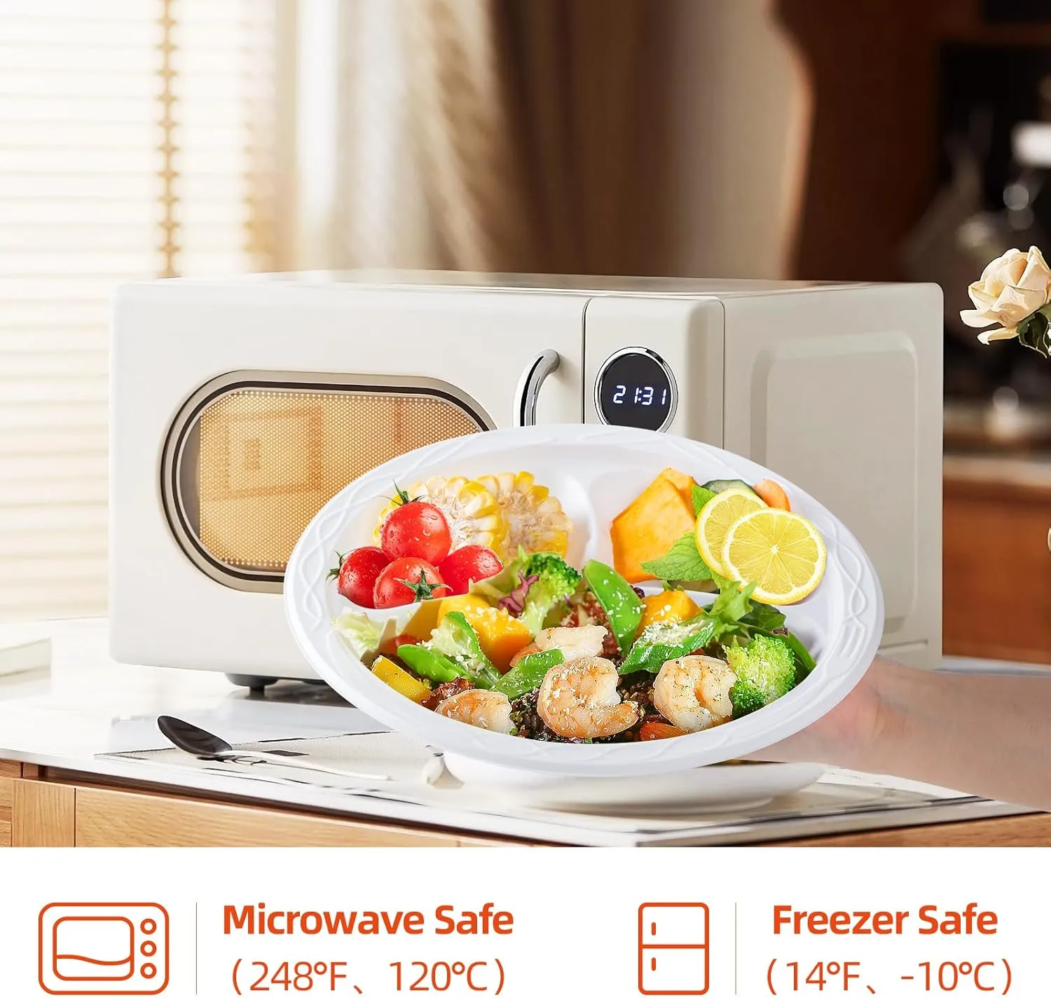 YANGRUI White Plastic Plates, 10 Inch 3 Compartments Microwave Safe Disposable Plate Food Grade Material BPA Free Reusable MFPP Dinner Trays
