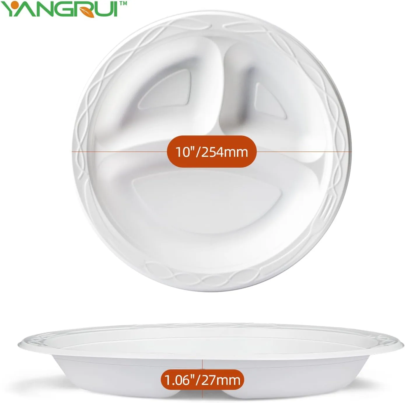 YANGRUI White Plastic Plates, 10 Inch 3 Compartments Microwave Safe Disposable Plate Food Grade Material BPA Free Reusable MFPP Dinner Trays