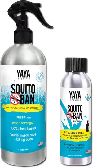 Yaya Organics SQUITO BAN | Eco-Friendly Bundle, Extra Strength, All Natural, DEET Free Mosquito Repellent | Proven Effective, Safe for Adults and Kids | 16 oz Spray   Refill