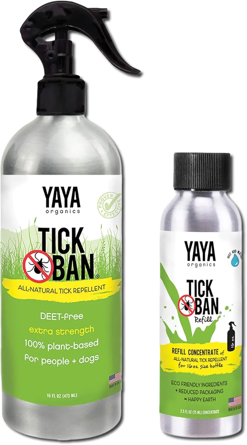Yaya Organics TICK BAN | Eco-Friendly Bundle, Extra Strength, All Natural, DEET Free Tick Repellent | Proven Effective, Safe for Adults, Kids, Dogs | 16 oz Spray   Refill