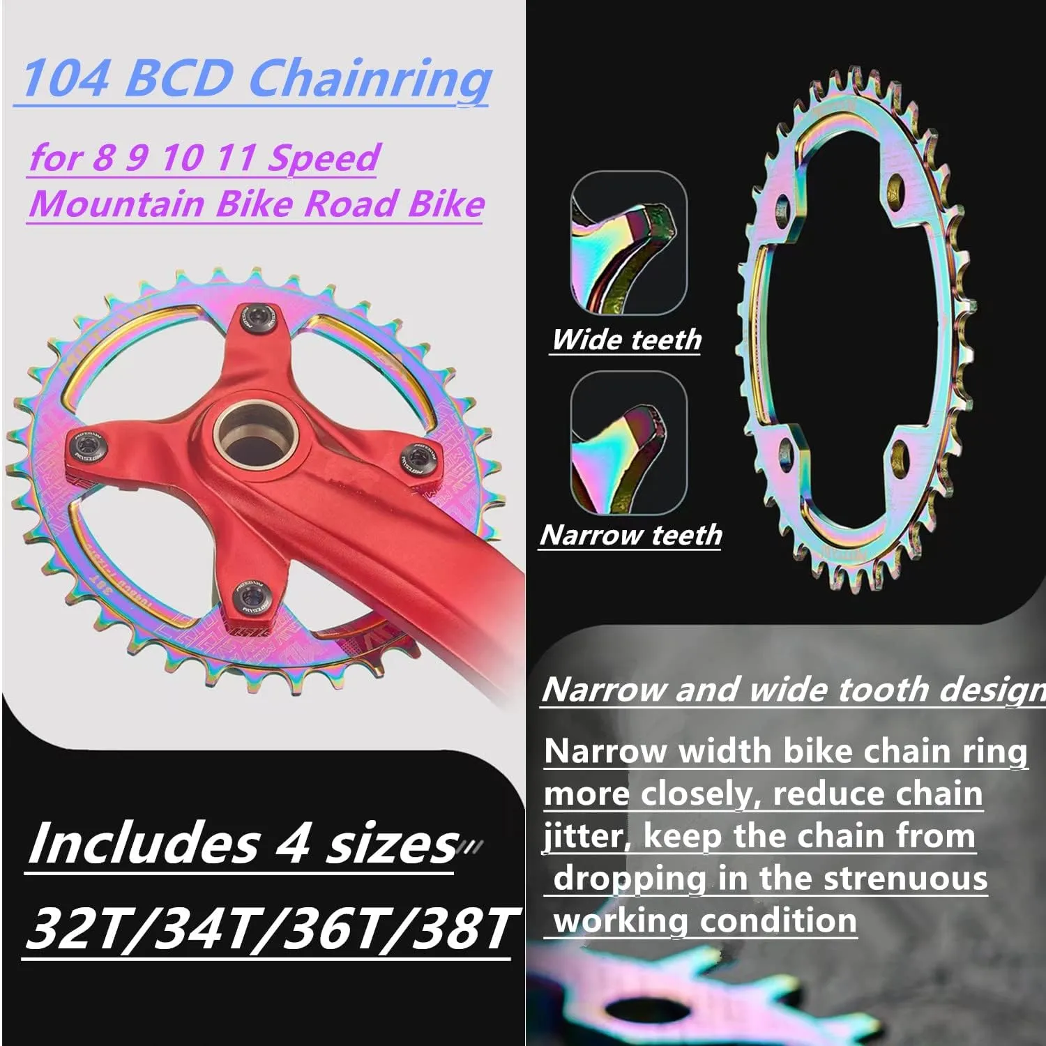YBEKI 104BCD Chainring - CNC 7075-T6 Aluminum Narrow-Wide Round Chainwheel for MTB/Road Bikes (32-38T) | Compatible with Shimano/SRAM 8-11 Speed | Ultra-Light | Anti-Drop Design