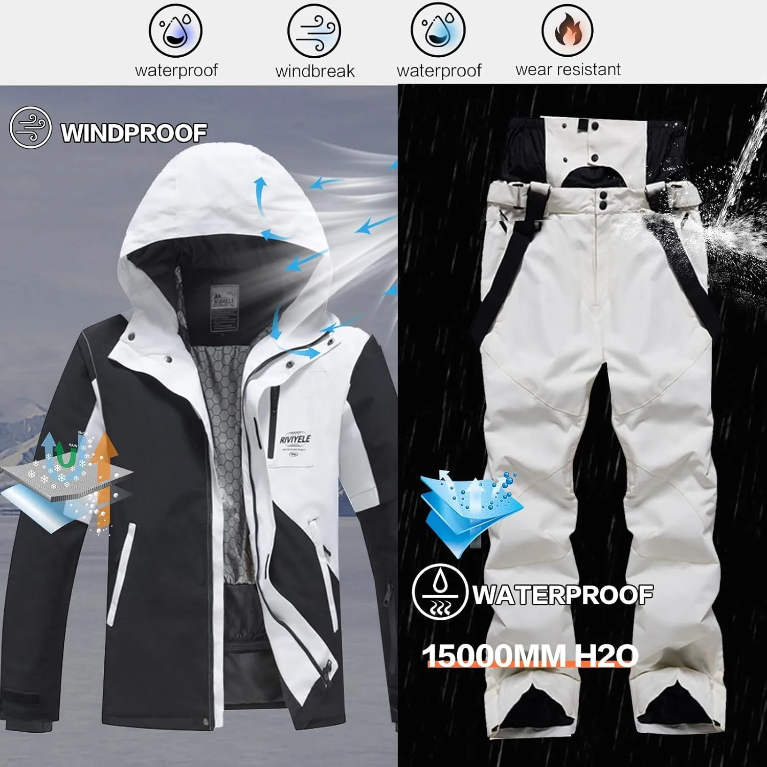 YEEFINE Women and Men's Ski Suit Two Pieces Snowsuits Snowboard Waterproof Winter Ski Jacket and Pants