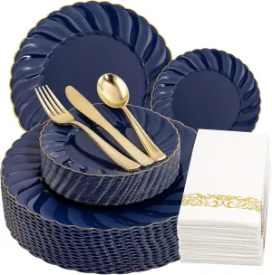 YOUBET 150PCS Blue Plastic Plates - Gold Plastic Silverware - Heavy Duty Navy Blue Disposable Plates include 50 Plates, 25 Forks, 25 Knives, 25 Spoons, 25 Napkins- Ideal for Wedding Birthday & Parties