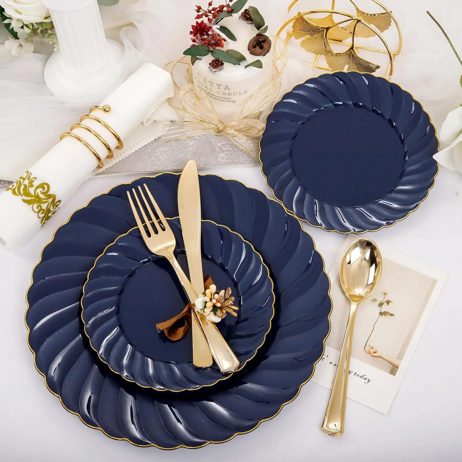 YOUBET 150PCS Blue Plastic Plates - Gold Plastic Silverware - Heavy Duty Navy Blue Disposable Plates include 50 Plates, 25 Forks, 25 Knives, 25 Spoons, 25 Napkins- Ideal for Wedding Birthday & Parties