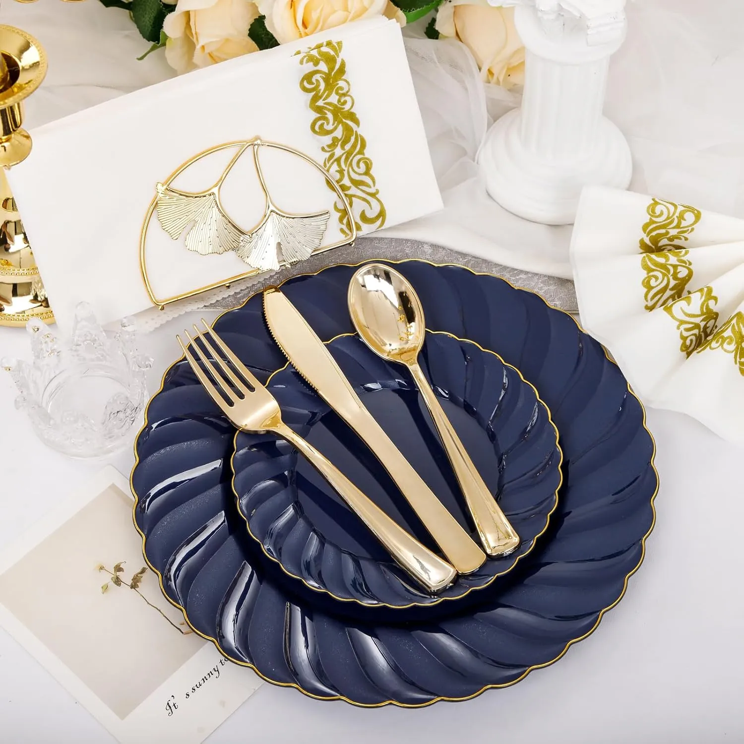 YOUBET 150PCS Blue Plastic Plates - Gold Plastic Silverware - Heavy Duty Navy Blue Disposable Plates include 50 Plates, 25 Forks, 25 Knives, 25 Spoons, 25 Napkins- Ideal for Wedding Birthday & Parties
