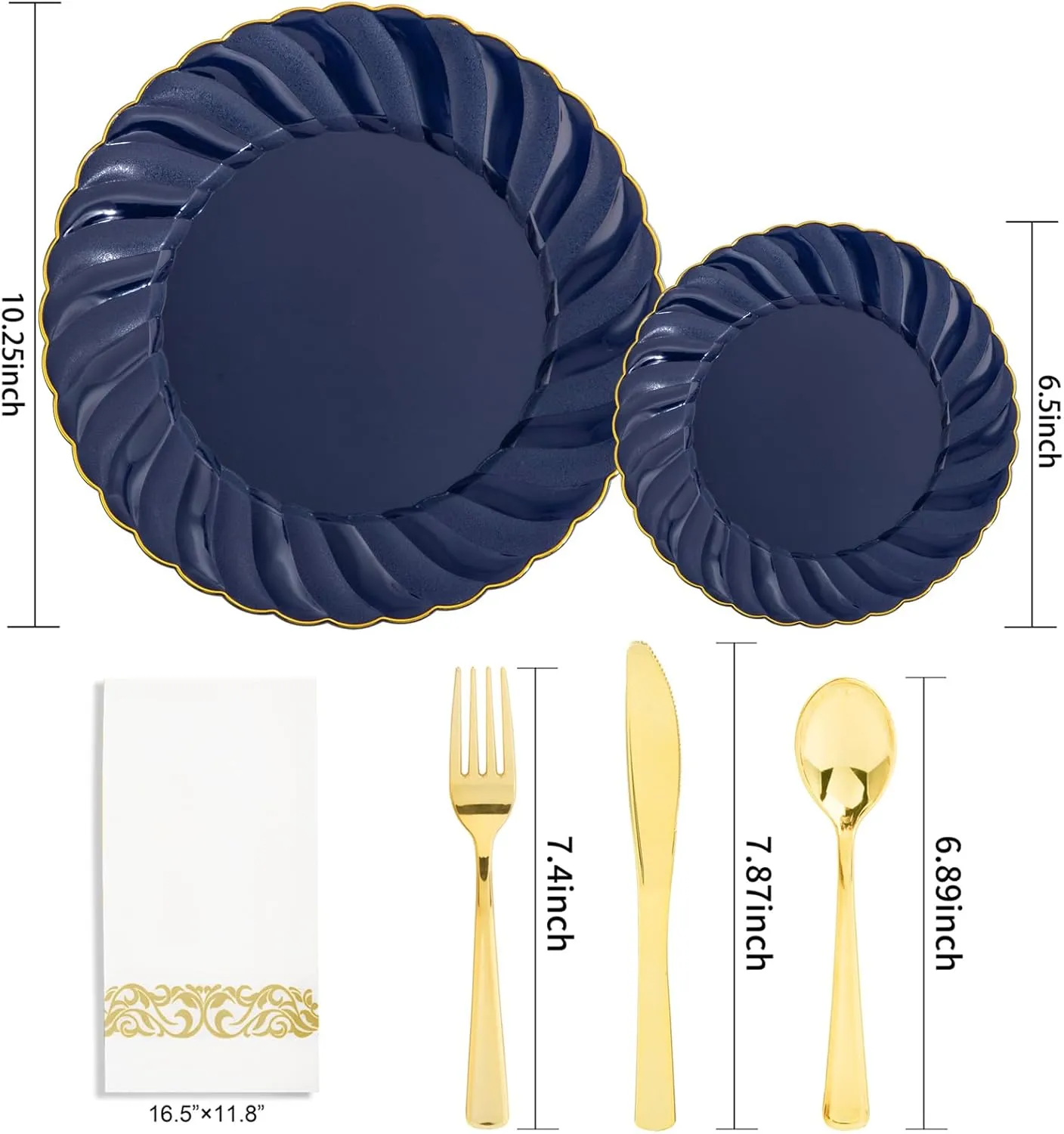 YOUBET 150PCS Blue Plastic Plates - Gold Plastic Silverware - Heavy Duty Navy Blue Disposable Plates include 50 Plates, 25 Forks, 25 Knives, 25 Spoons, 25 Napkins- Ideal for Wedding Birthday & Parties