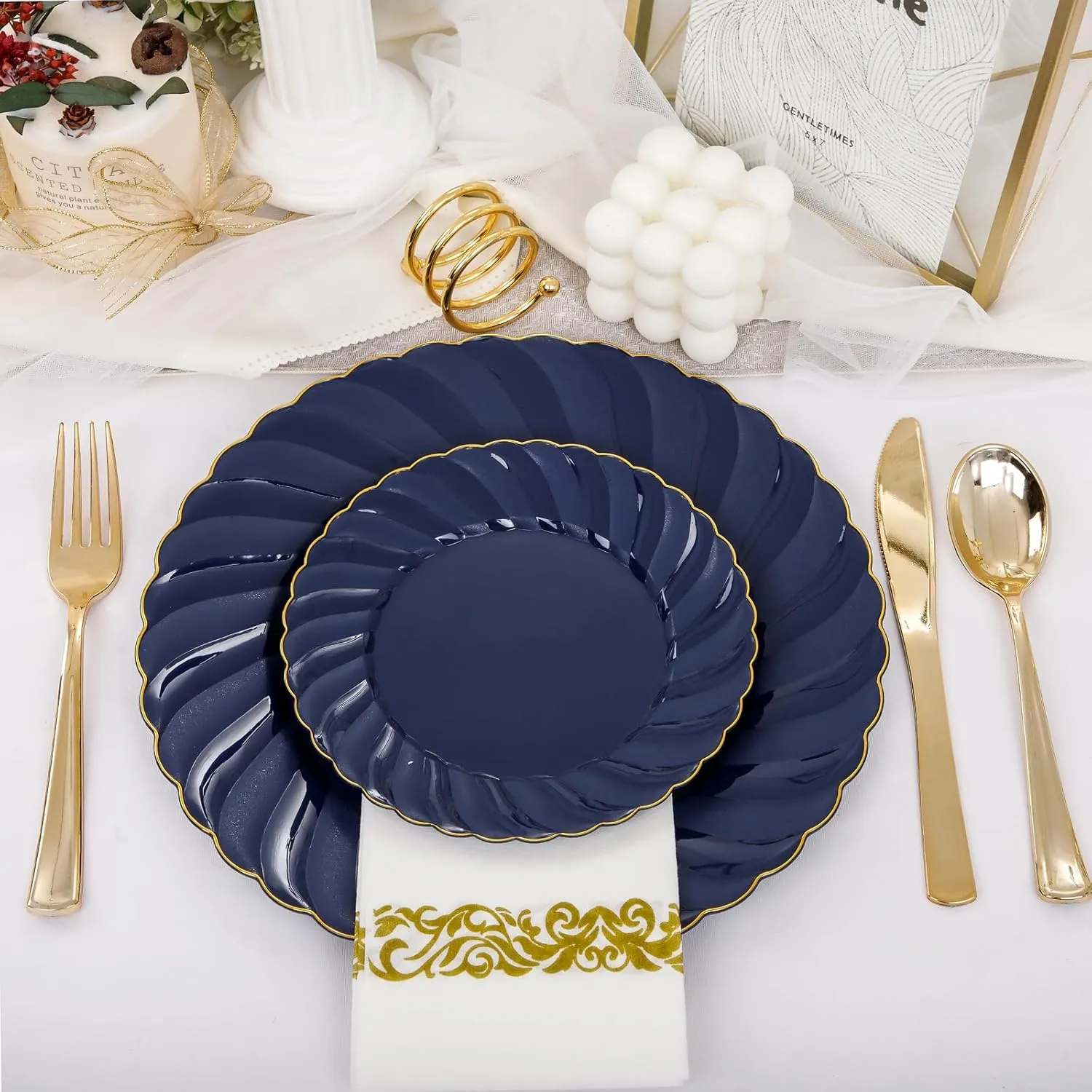 YOUBET 150PCS Blue Plastic Plates - Gold Plastic Silverware - Heavy Duty Navy Blue Disposable Plates include 50 Plates, 25 Forks, 25 Knives, 25 Spoons, 25 Napkins- Ideal for Wedding Birthday & Parties
