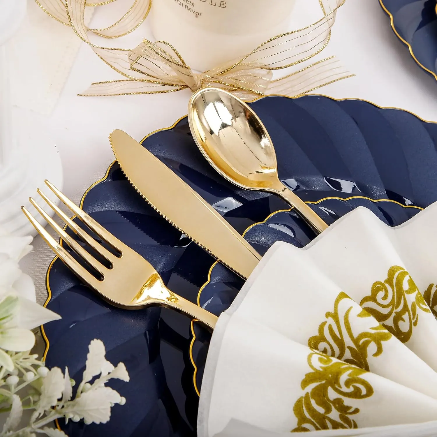 YOUBET 150PCS Blue Plastic Plates - Gold Plastic Silverware - Heavy Duty Navy Blue Disposable Plates include 50 Plates, 25 Forks, 25 Knives, 25 Spoons, 25 Napkins- Ideal for Wedding Birthday & Parties