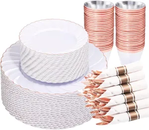 YOUBET350PCS Rose Gold Plastic Plates-Disposable White and Rose Gold Plates include 100Plates,50 Pack Pre Rolled Napkins with Rose Gold Plastic Silverware and 50Cups Perfect for Wedding/Parties